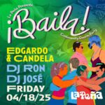 Flyer for BAILA event featuring people dancing on a vibrant purple background, promoting an energetic atmosphere.