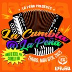 Flyer promoting monthly La Cumbia at La Peña dance party with a vibrant green background and a logo featuring an accordion, a güiro and title of event.