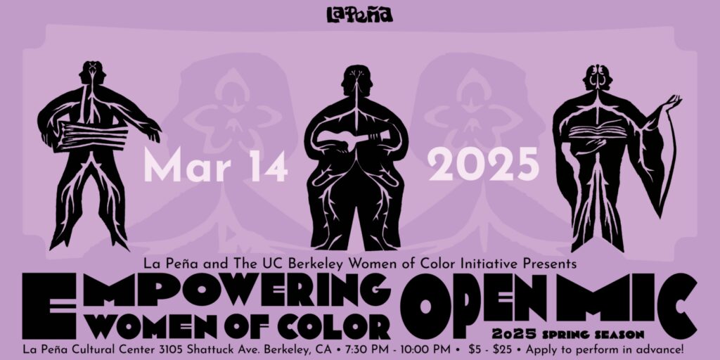 flyer for empowering women of color open mic, , with black figures on a light purple backdrop