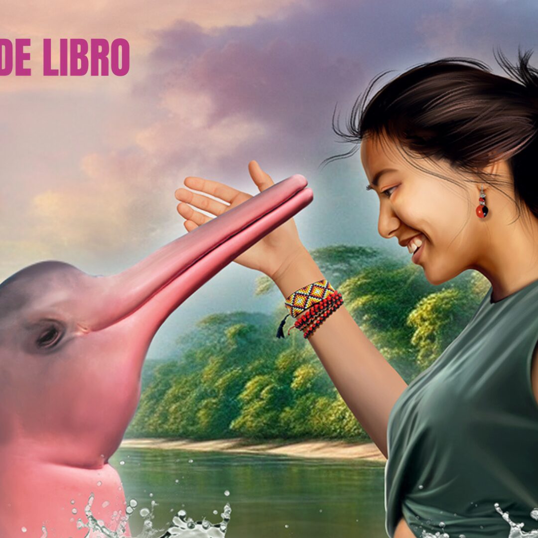 A woman engages with a Amazon pink dolphin in water