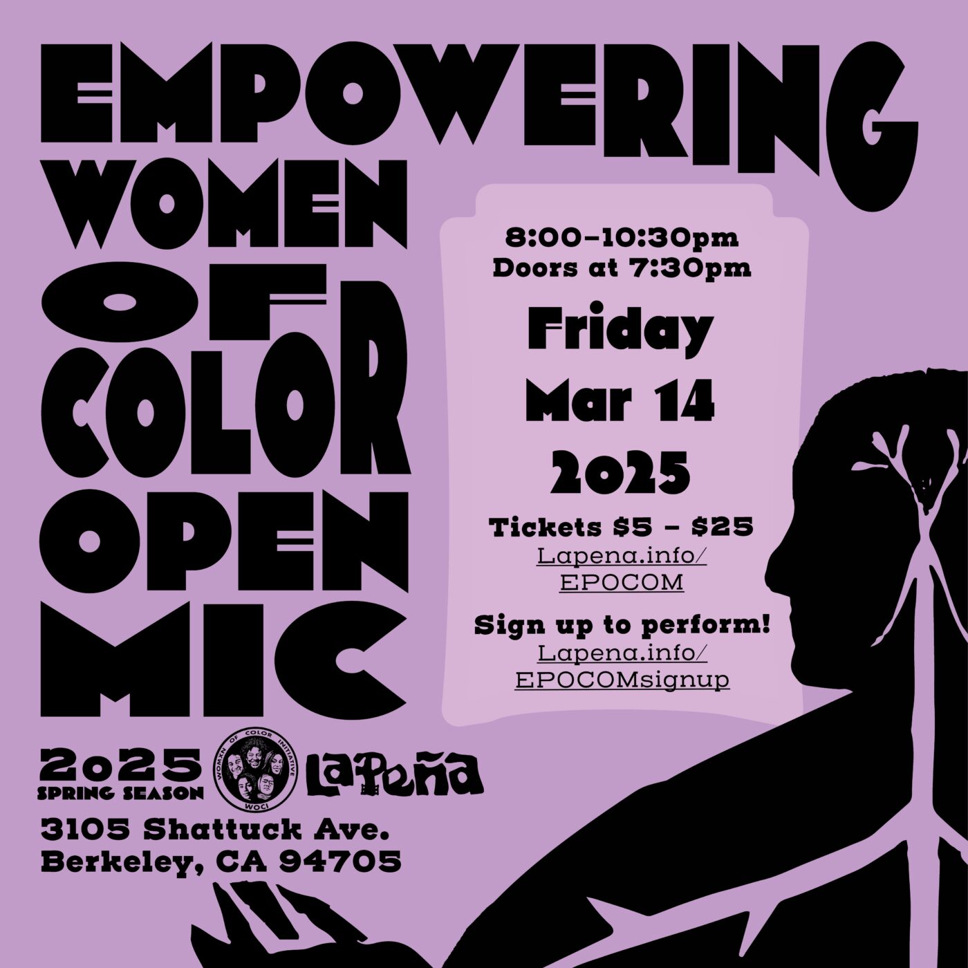 flyer for empowering women of color open mic, , with black figures on a light purple backdrop