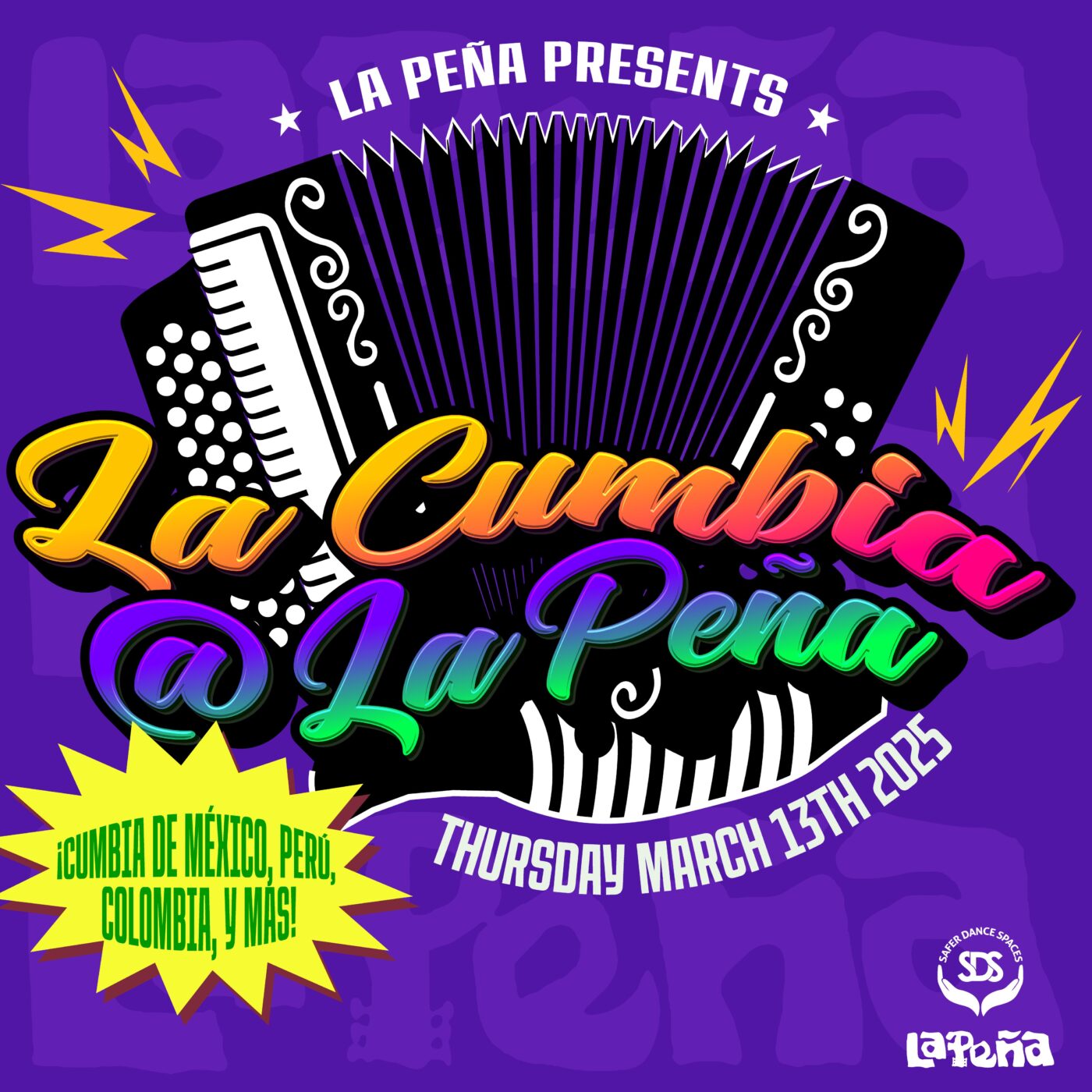 Flyer promoting monthly La Cumbia at La Peña dance party with a vibrant purple background and a logo featuring an accordion, a güiro and title of event.