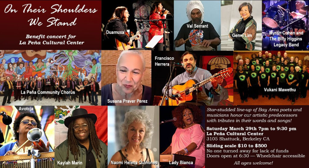 An event graphic promoting La Peña's 50th Anniversary Concert with a collage of photos of the performers that will be featured that night. 